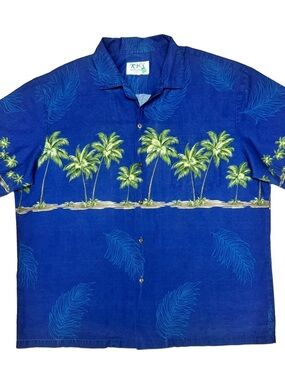 KY's Blue Palm-Print Hawaiian Button-Down Shirt for Men